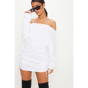 Pretty Little Thing, White Bardot Ruched Side Sweat Sweatshirt Dress, Size 10
